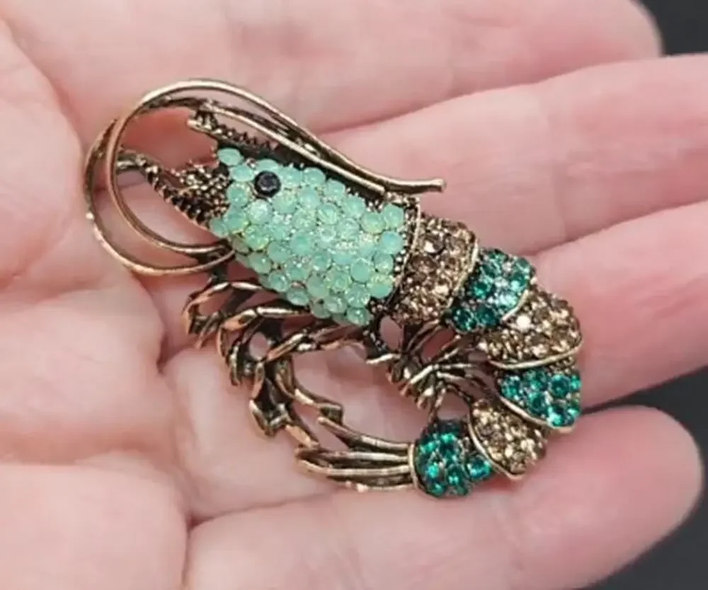 Shrimp Brooch Rhinestones on Silver Tone Metal Very Detailed Smaller Size